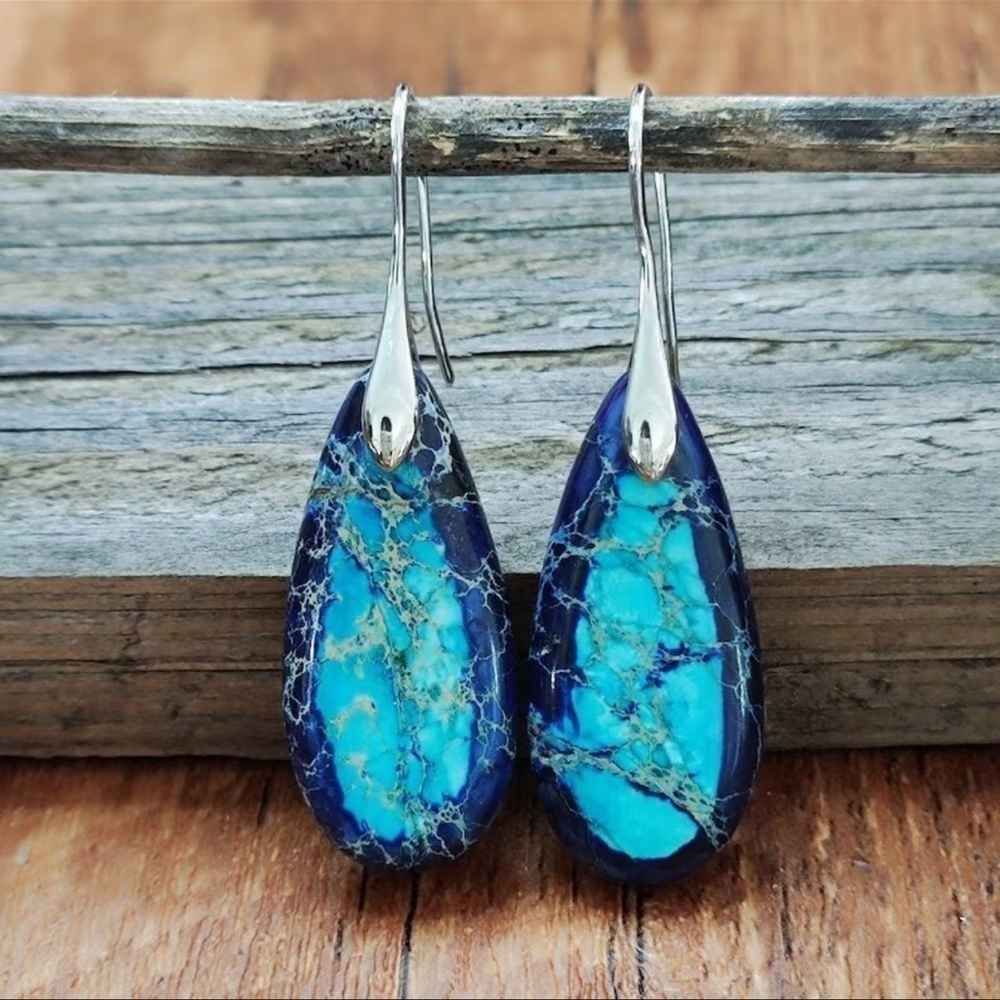 Silver & Blue Natural Imperial Stone Water Drop Tear Drop Earrings Nwt - Picture 6 of 9
